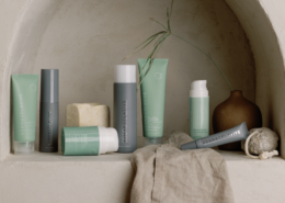 Postbiotic skincare line on shelf